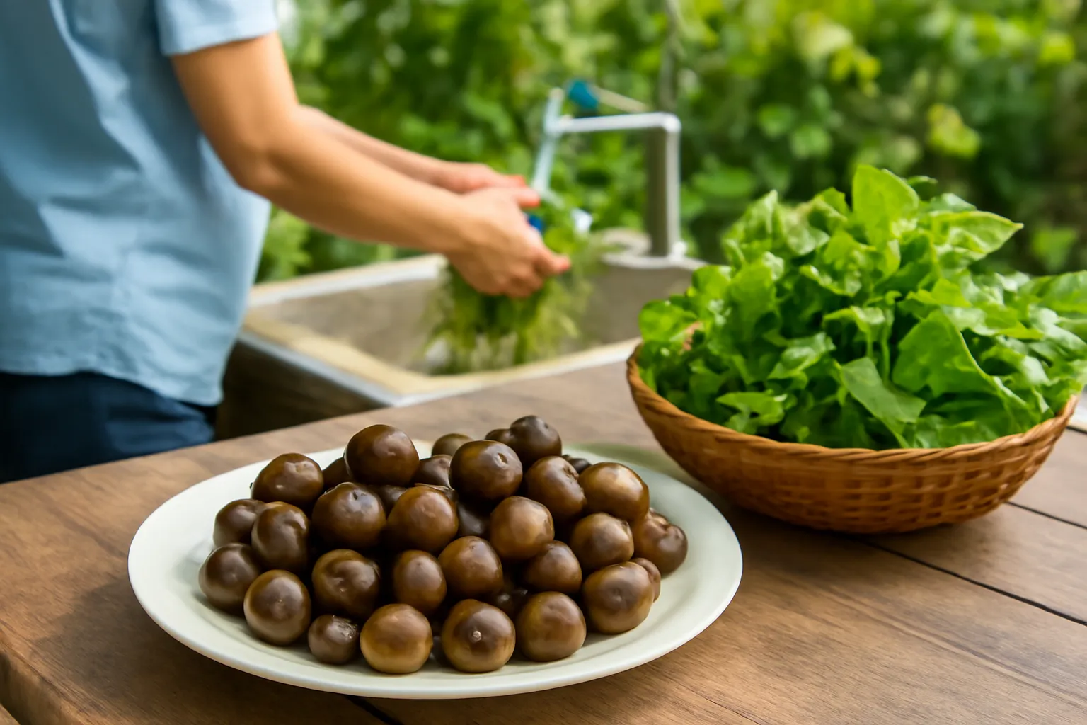 Đĩa ốc luộc, rổ rau sống trên bàn và đôi tay rửa rau dưới vòi nước