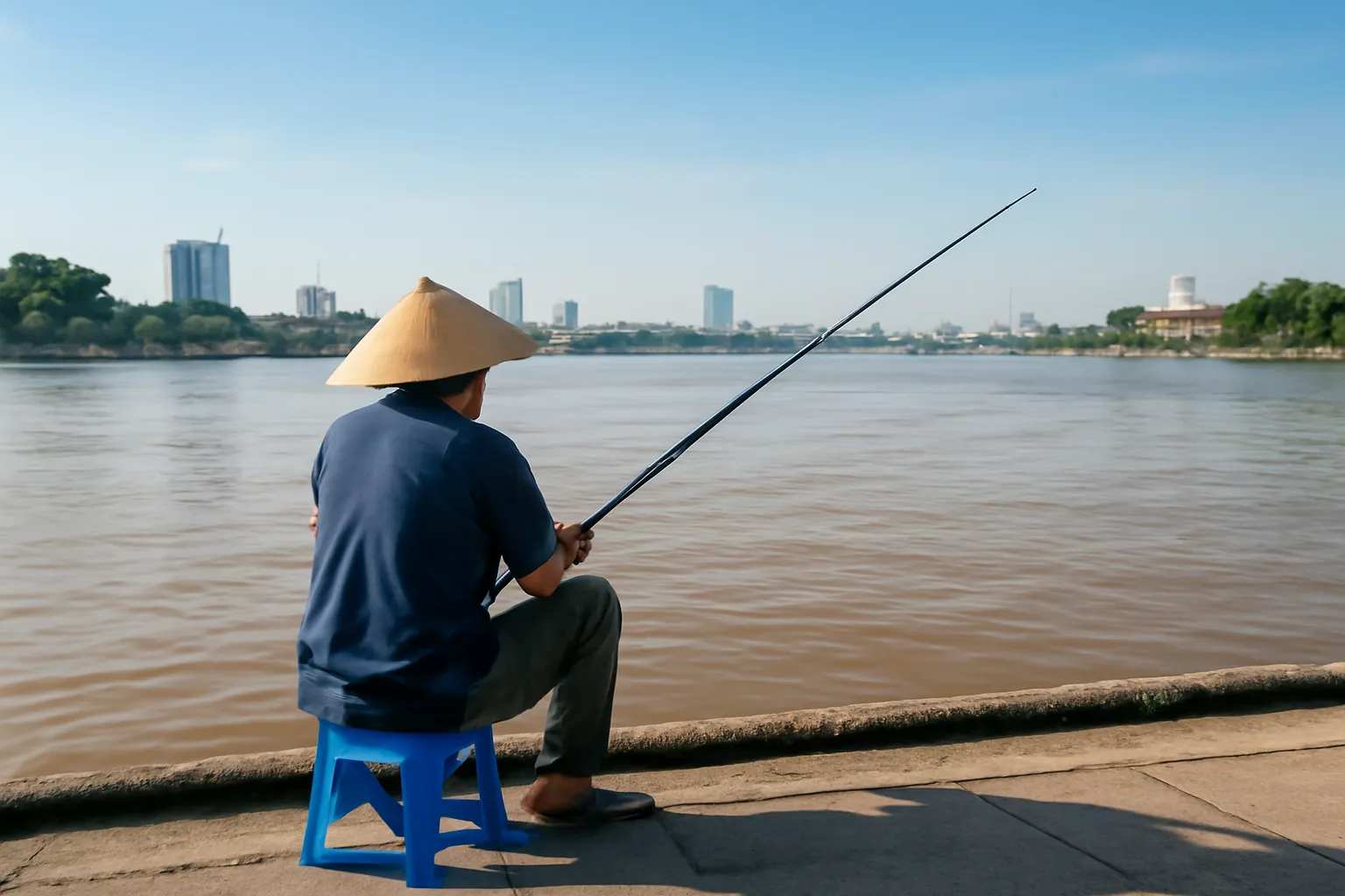 Người đàn ông ngồi ghế nhựa thả cần câu trên bờ kè sông lúc sáng sớm