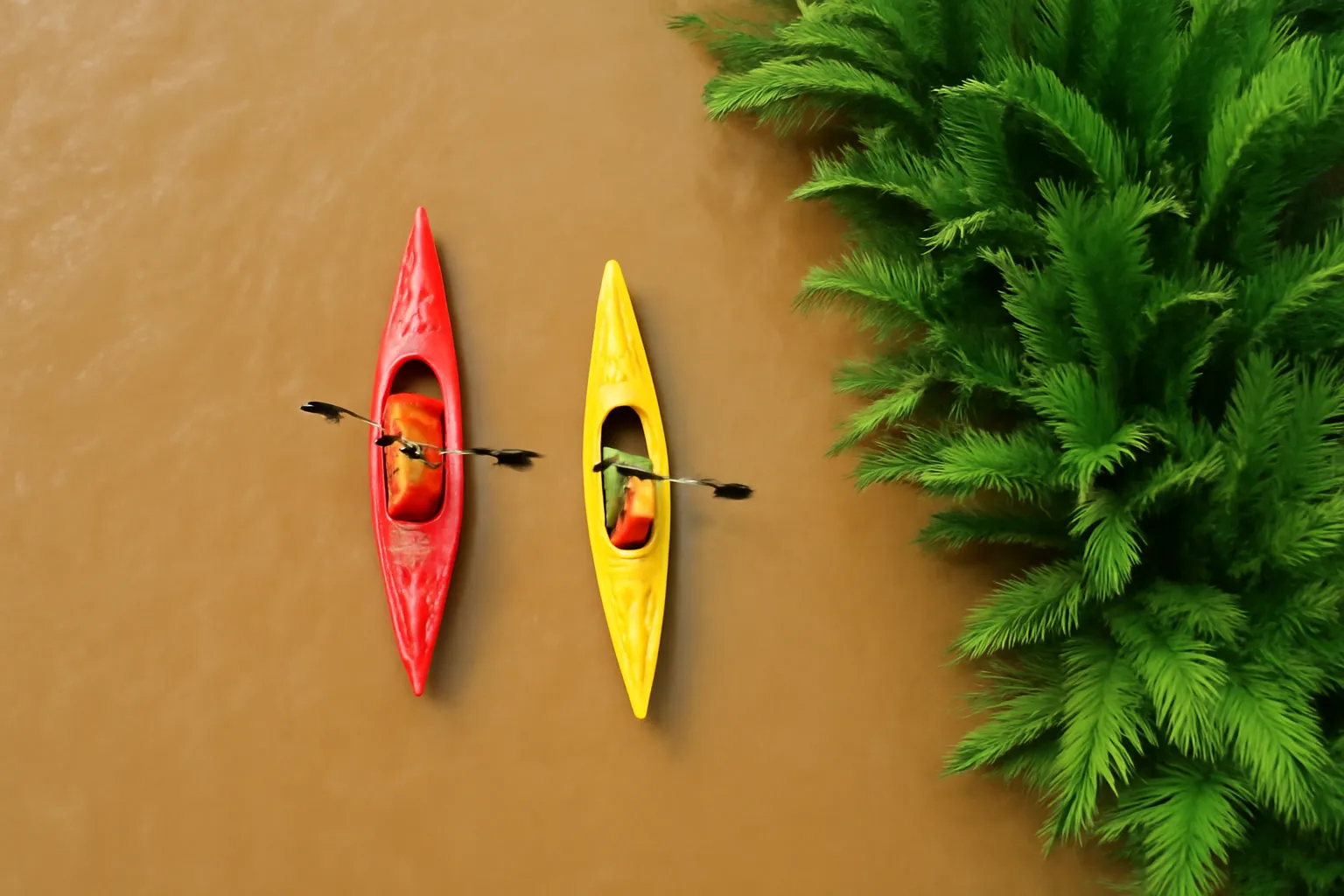 Hai người mặc áo phao chèo kayak đỏ và vàng trên sông nước nâu