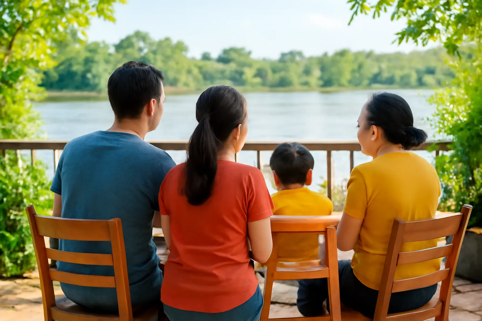Gia đình ngồi bàn trong vườn ven sông, em bé ngồi ghế ăn trước lan can