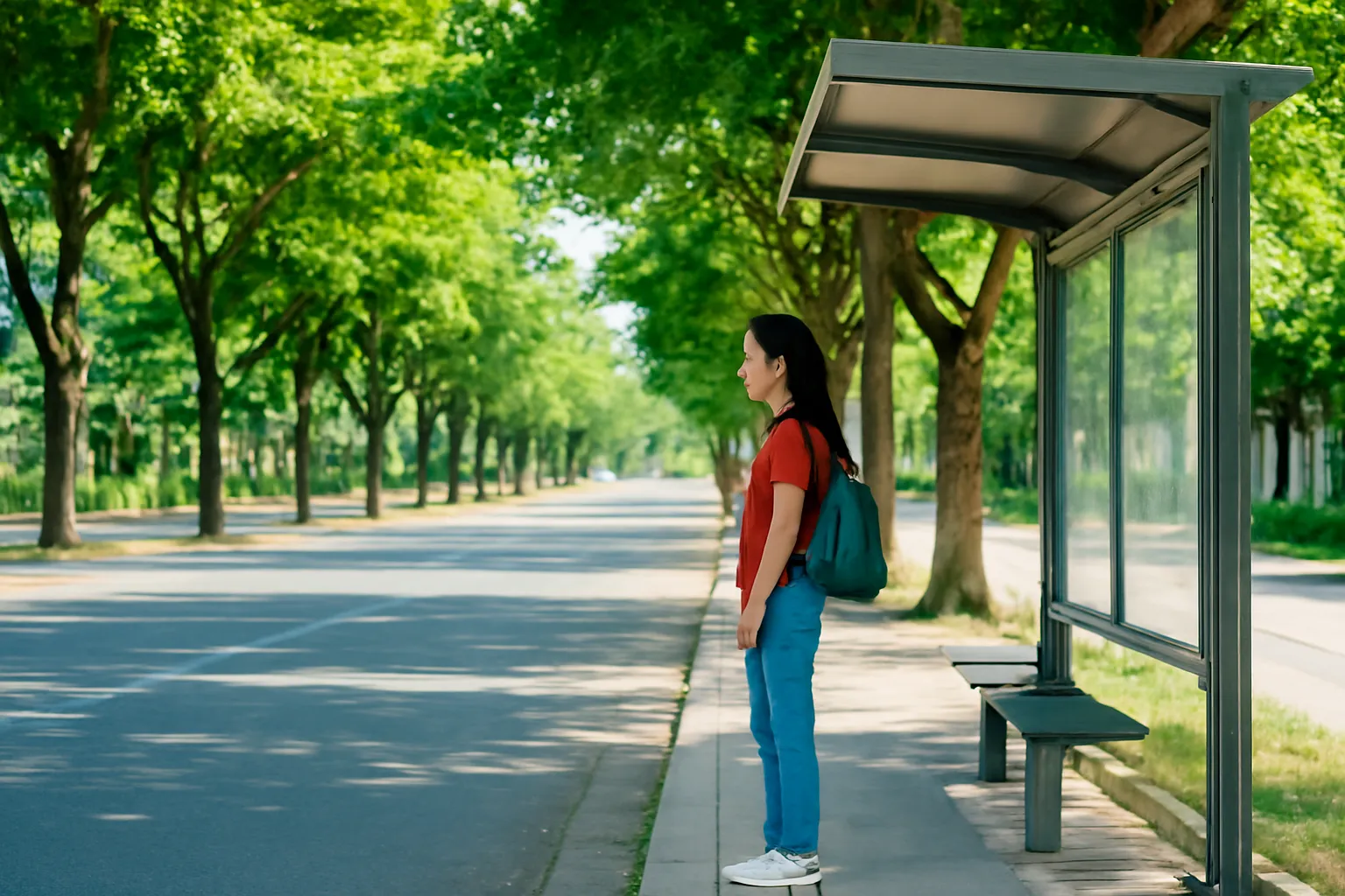 Người phụ nữ đeo ba lô đứng chờ ở nhà chờ xe buýt dưới hàng cây