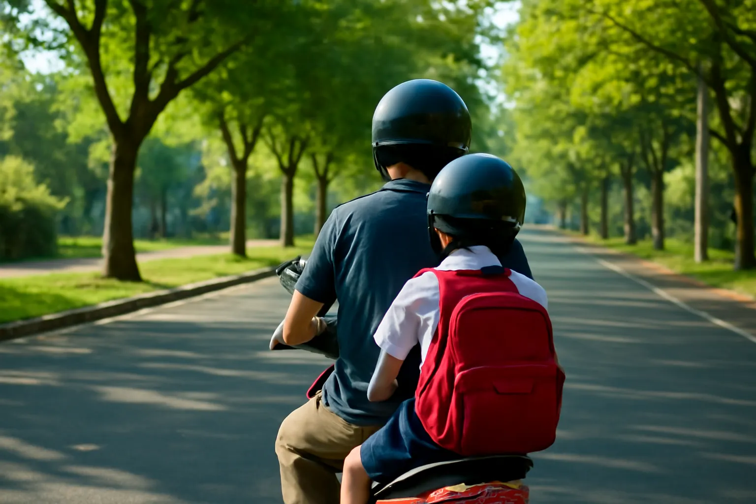 Phụ huynh chở học sinh mặc đồng phục trên xe máy, cả hai đội mũ bảo hiểm