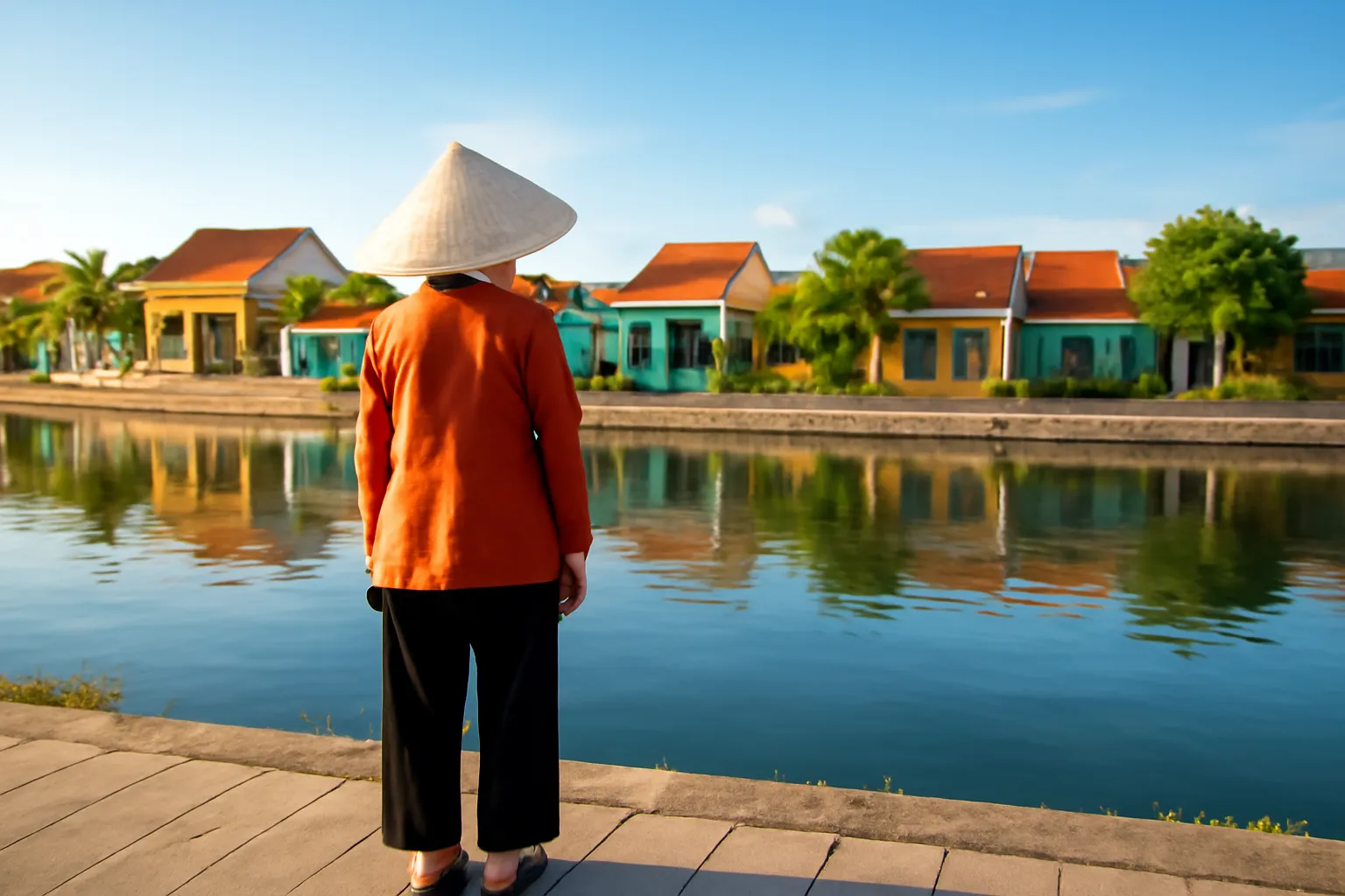 Người phụ nữ lớn tuổi đứng nhìn dãy nhà thấp ven kênh lúc hoàng hôn