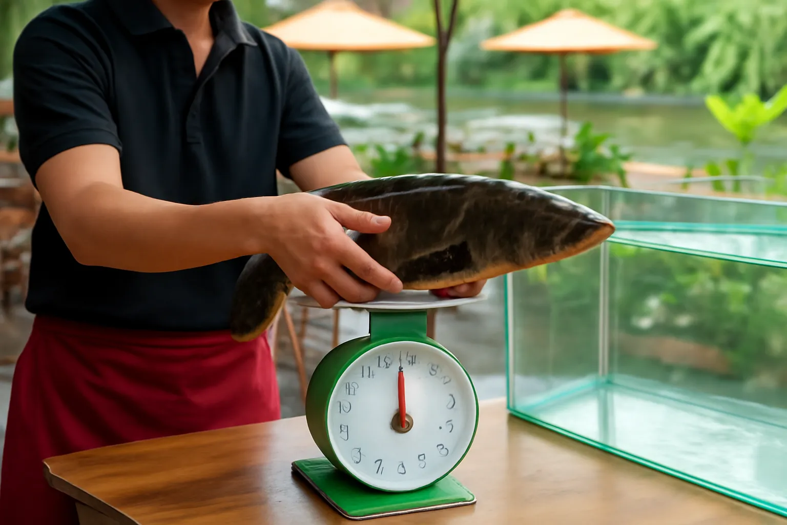 Đôi tay cầm con cá lóc đặt lên cân đĩa cạnh bể kính
