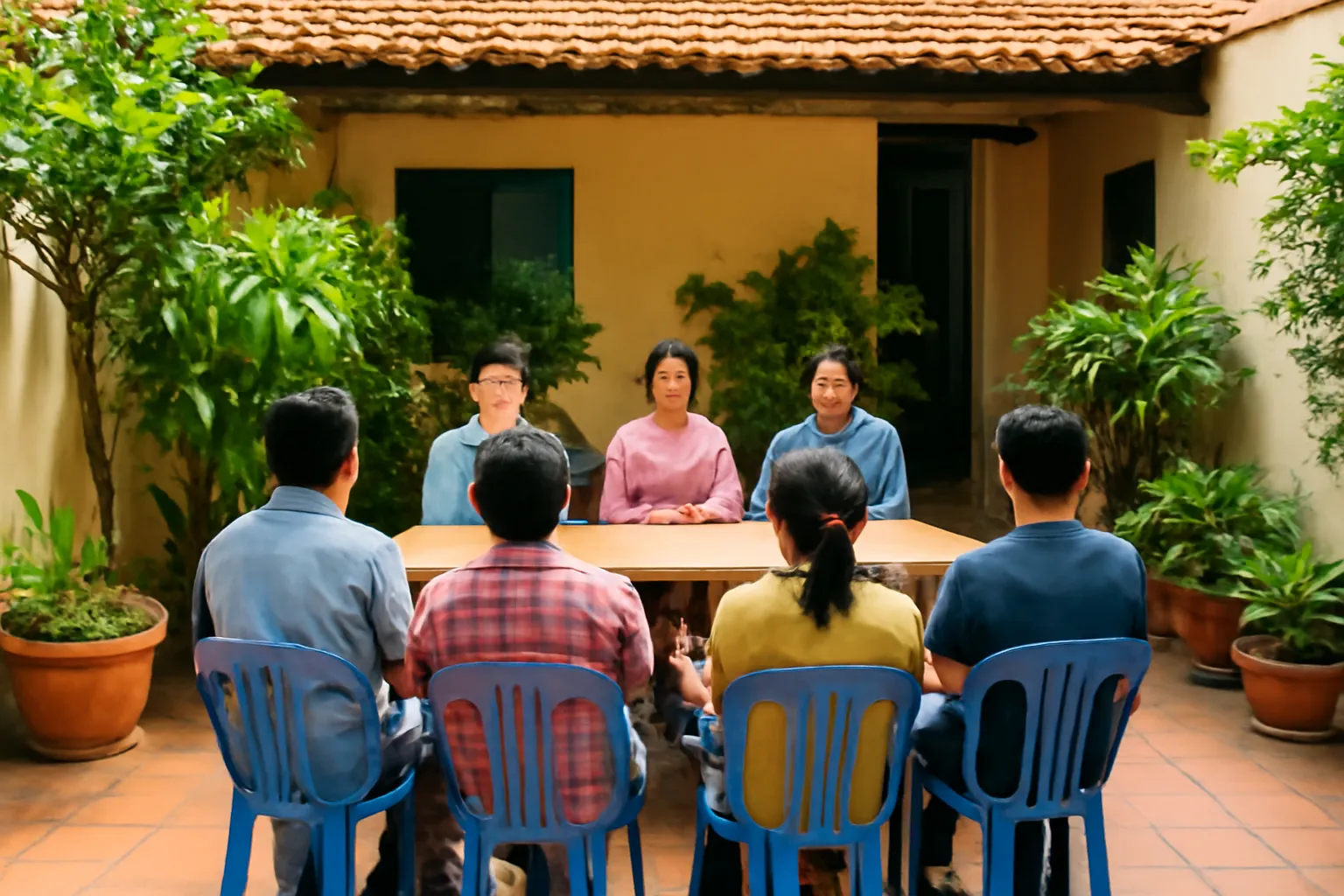 Vài người ngồi quanh bàn họp tổ dân phố ngoài sân, chụp từ phía sau