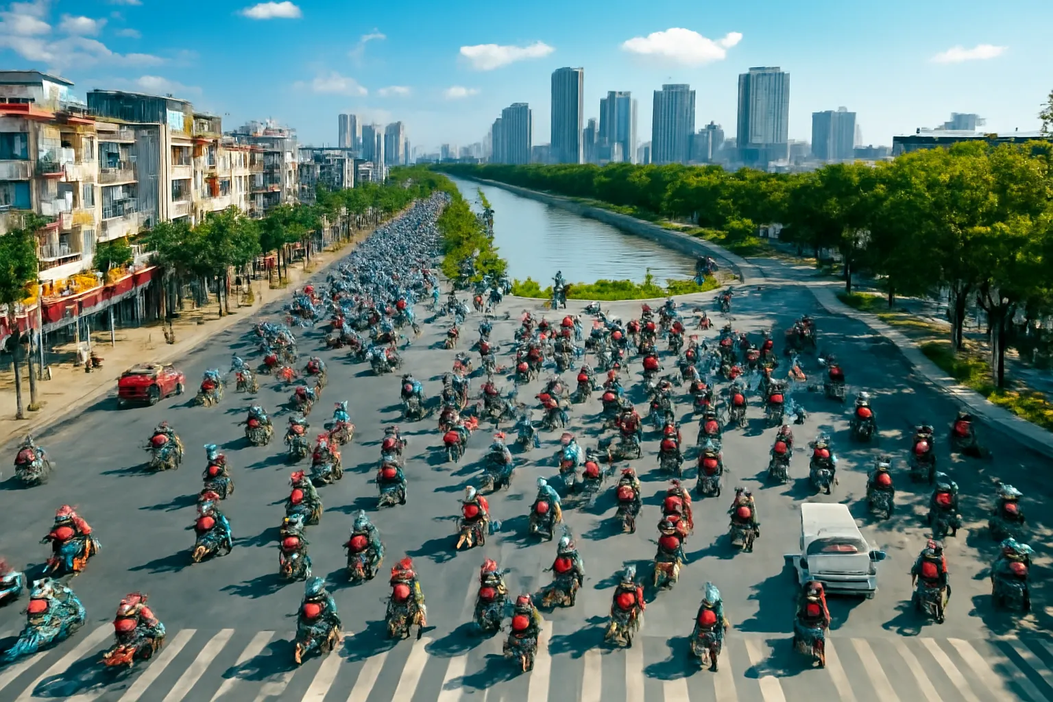 Giao lộ đông xe máy buổi sáng nhìn từ trên cao, xa xa là sông và nhà cao tầng
