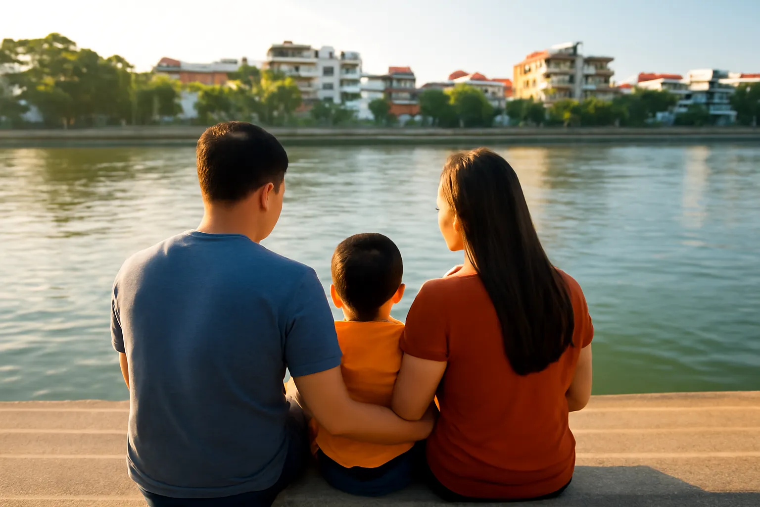Gia đình nhỏ ngồi trên bậc bờ sông ngắm nước buổi chiều, nhìn từ phía sau